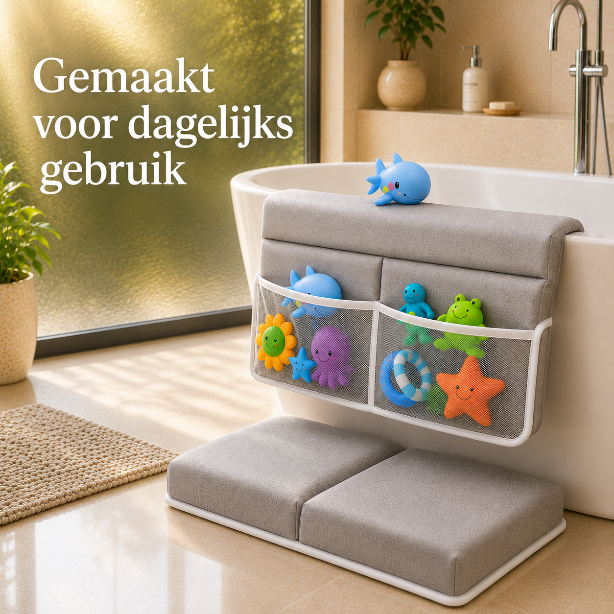 Bathcomfort™ – Comfortabele knielmat met speelgoedopberging | Geen pijnlijke knieën meer tijdens gezellige badmomenten