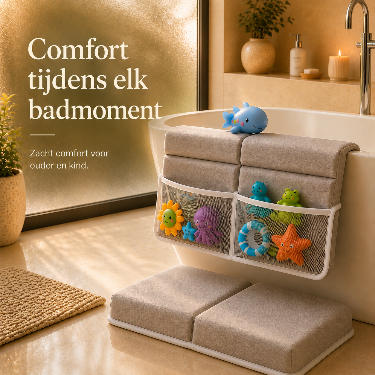 Bathcomfort™ – Comfortabele knielmat met speelgoedopberging | Geen pijnlijke knieën meer tijdens gezellige badmomenten
