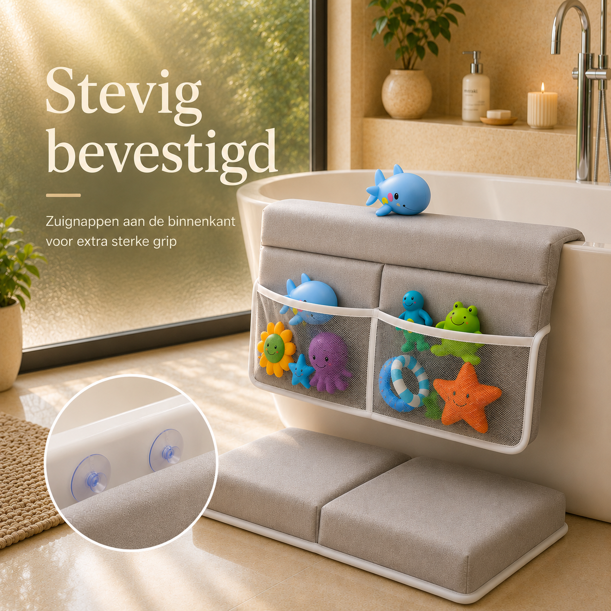 Bathcomfort™ – Comfortabele knielmat met speelgoedopberging | Geen pijnlijke knieën meer tijdens gezellige badmomenten