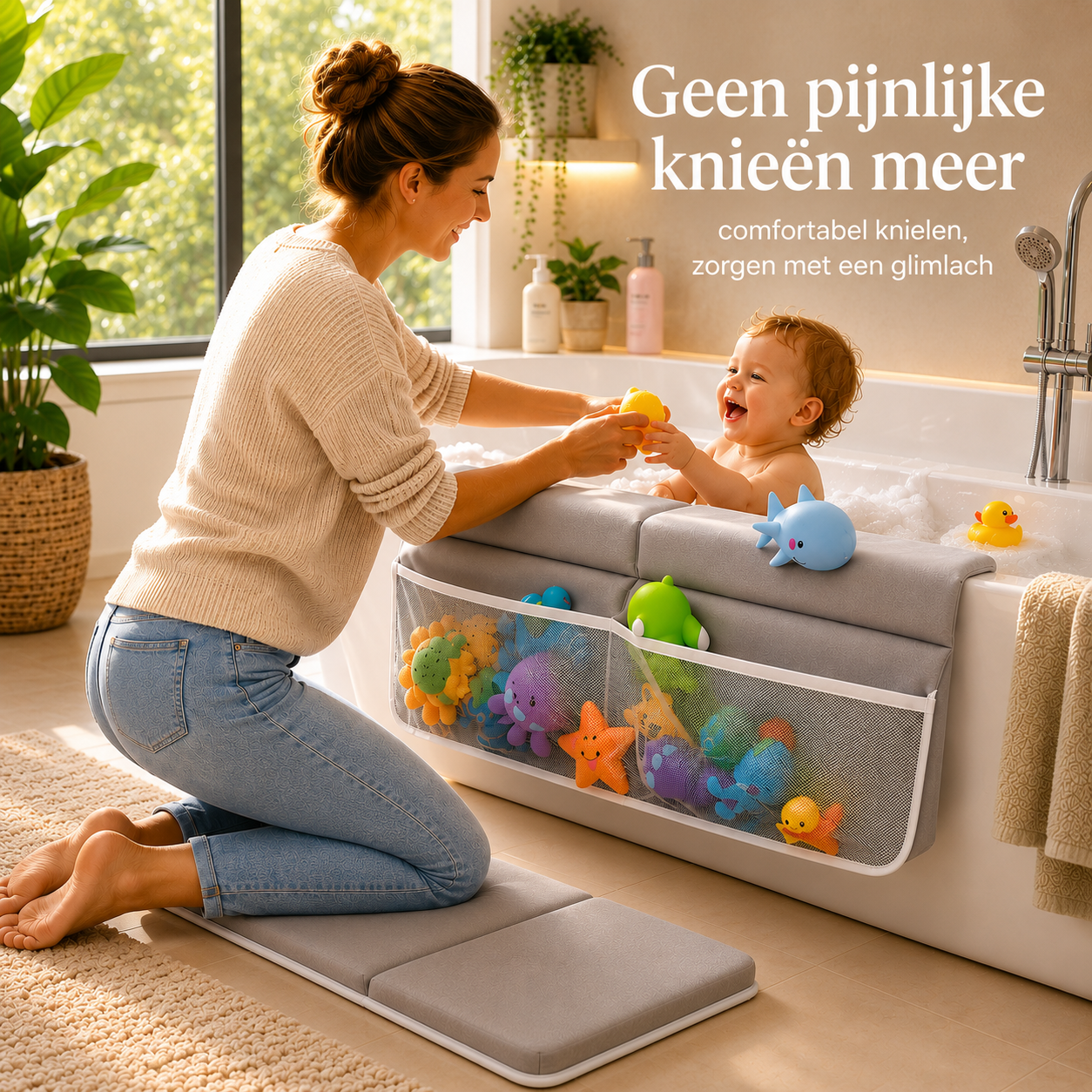 Bathcomfort™ – Comfortabele knielmat met speelgoedopberging | Geen pijnlijke knieën meer tijdens gezellige badmomenten