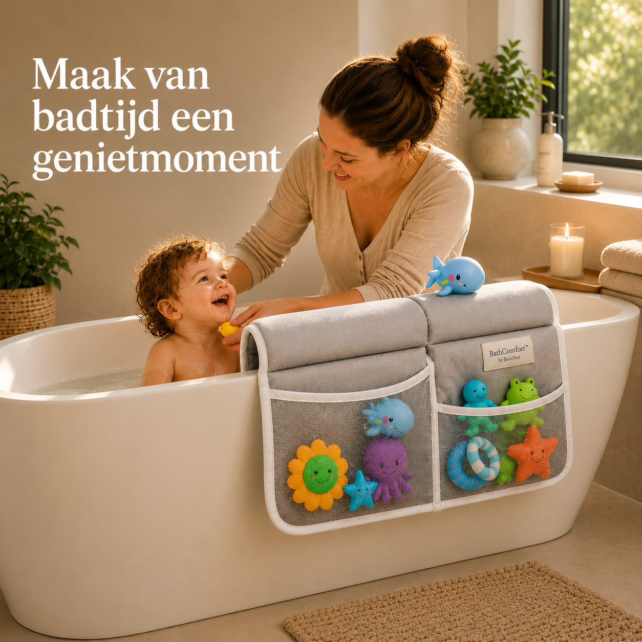 Bathcomfort™ – Comfortabele knielmat met speelgoedopberging | Geen pijnlijke knieën meer tijdens gezellige badmomenten